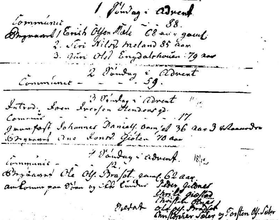 Kyrkjeboka for Aure fire søndagar i desember 1803: Tal på nattverdgjestar (Communicanter), namn på gravlagde og etter eit tragisk forlis ser vi nedst: «Omkomne paa Søen og ikke fundne».