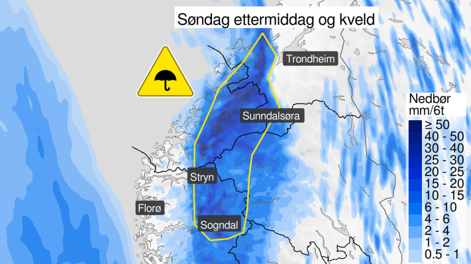 Det forventes mye regn søndag ettermiddag og kveld.