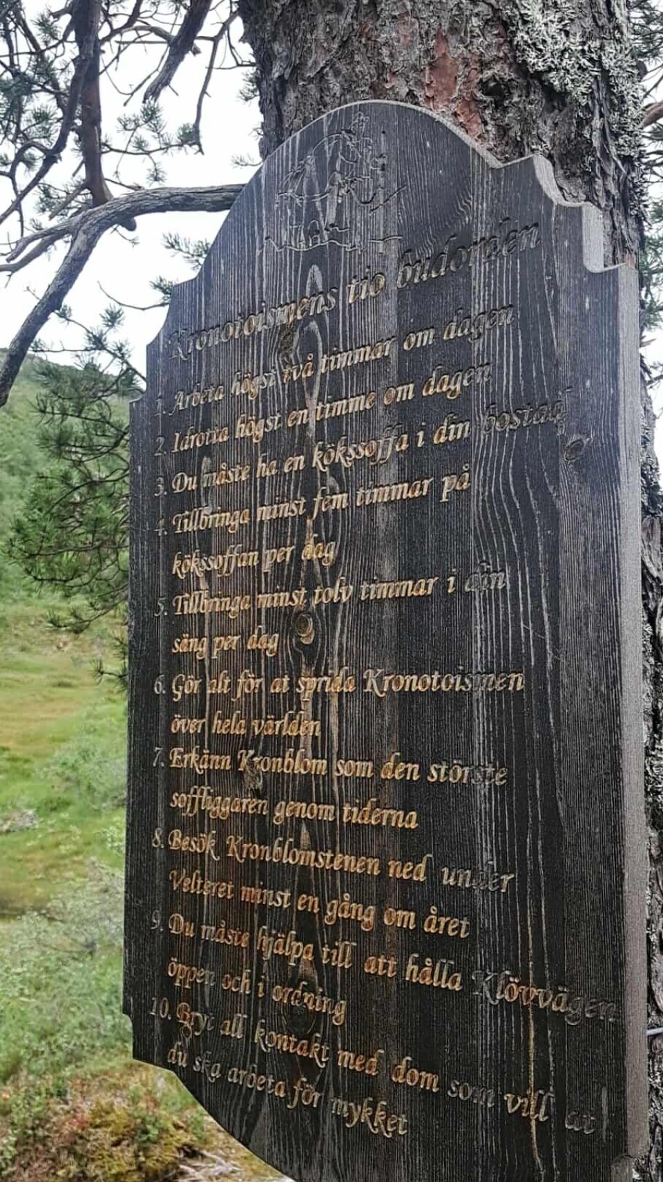 De ti budordene til Kronblom. Bilde av en treplate med skrift på en furu