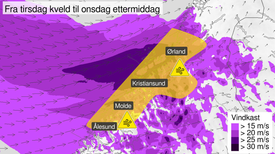 Det ventes lokalt kraftige vindkast i deler av Møre og Romsdal og Trøndelag fra tirsdag kveld.
