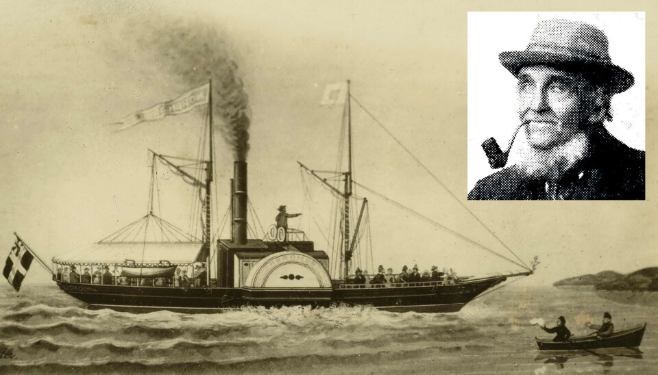 Og kva utretta «mirakelmannen» Nils Sæterøy med hjuldamparen «Nordmør» ved Brøskjalandet i 1863? Maleri av en gammel hjulbåt, bilde av mann med pipe og hatt i øverste høyre hjørme