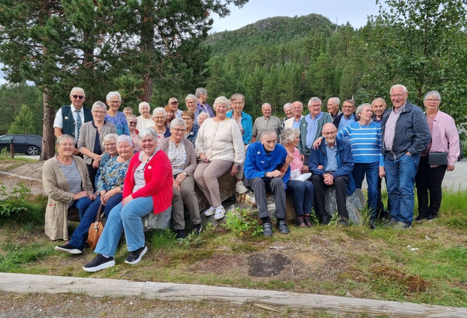 Trivelig tur til Alvdal Anslagsvis 20-30 bilde pensjonister fra Rindal pensjonistlag oppstilt for fotografering på en rasteplass. Sommervær.