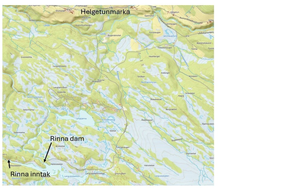 Kartutsnitt fra Helgetunmarka med Rinna dam og Rinna inntak