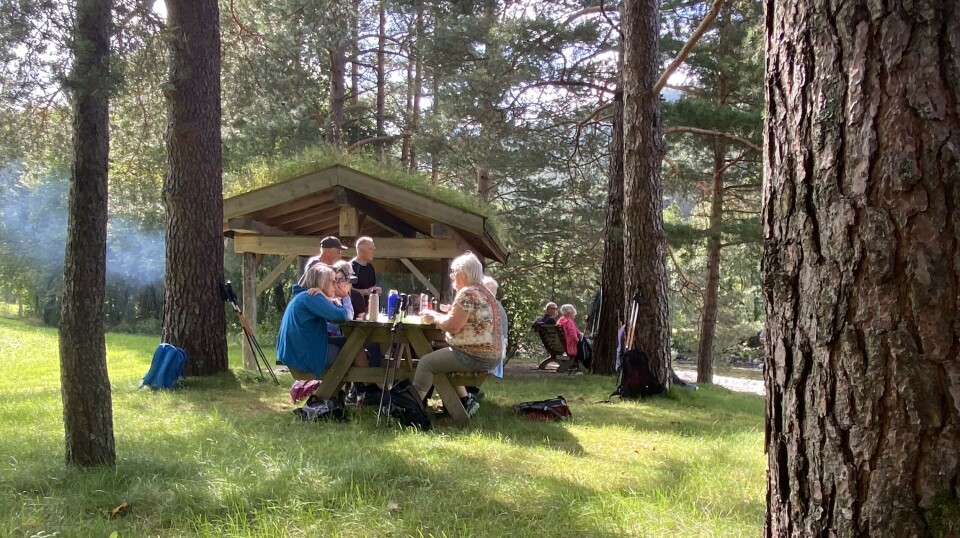 Stavgangtur langs Toåa Flere turgåere rundt et rasteplassbord ved en gapahuk. Sol og sommer.