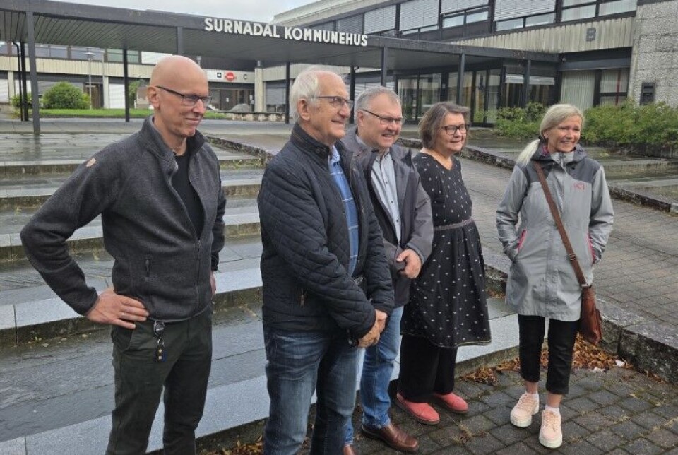 F.v. Pål Ranes, Magnus Bævre, Hugo Pedersen, Karin Halle og Mona Rita Rønning. Tre menn og to kvinner oppstilt for fotografering foran kommunehuset i Surnadal. Grått sommervær.
