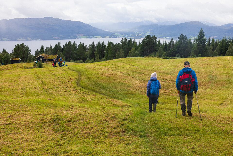 På heimveg etter fin tur i skodde og solglimt. Ei gruppe på mer enn ti turgåere, kledd for regnvær, som går over et grønt jorde, mot ei hytte eller seterhus. I bakgrunnen skimtes fjord og fjell gjennom tåke.