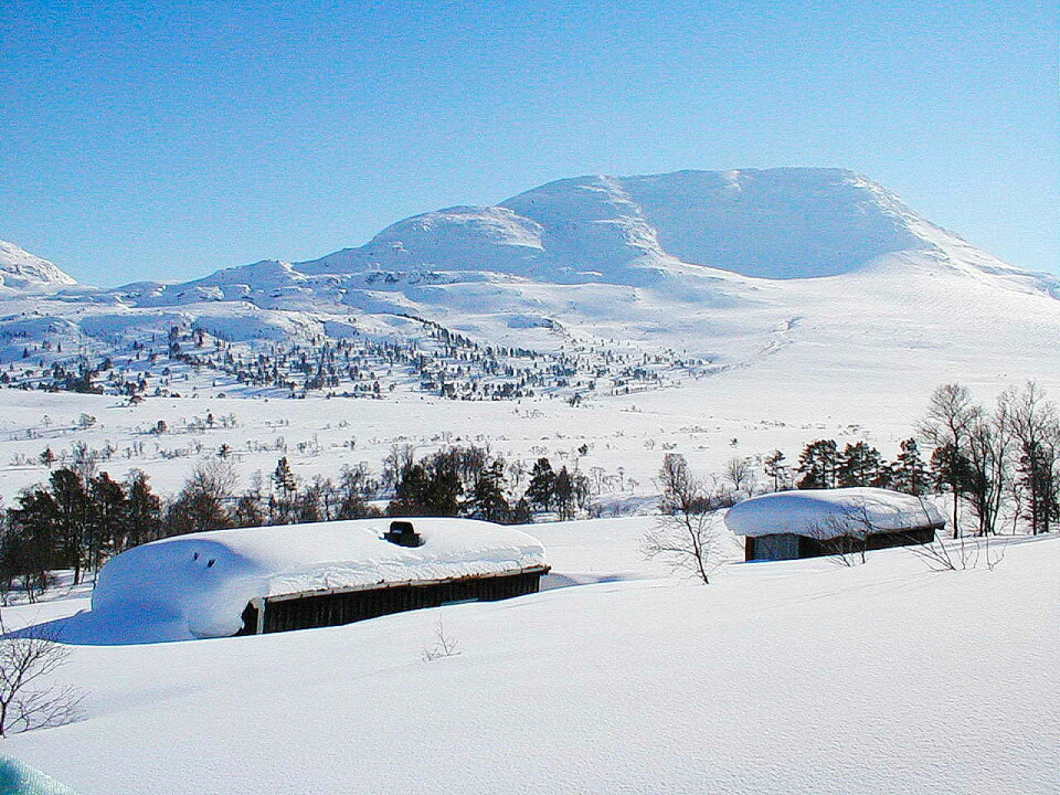Reklame for skitur på Kjølen – med Ansnessetra i framgrunnen og Hjelmen bak.