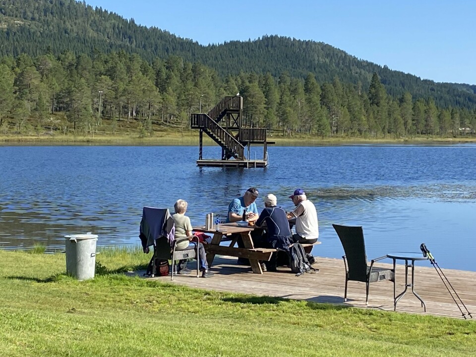 Mennesker sitter ved en hagebenk på en platting ved et tjern. Et stupetårn midt i tjernet. Skog og åser i bakgrunnen. Solskinn.