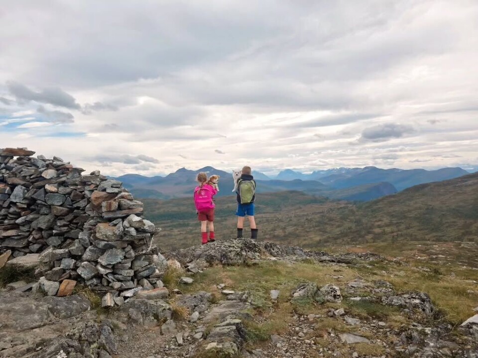 God morgen 3. september To barn som står ved en fjellvarde, med ryggen mot fotografen Man kan se at de holder hver sin hund i armene. Sommer og mange hvite skyer på himmelen.