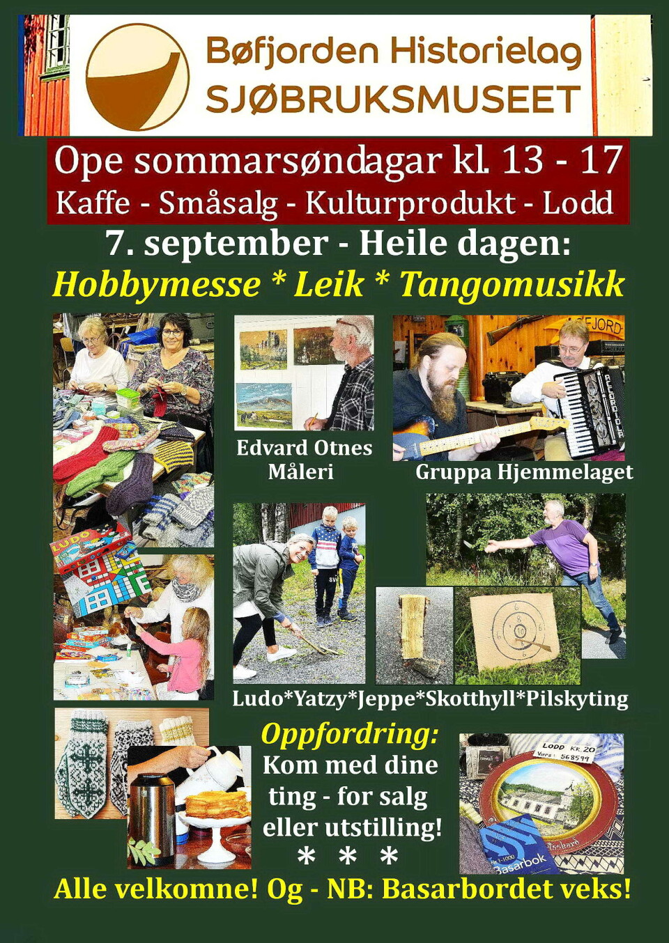 Hobbymesse og tangomusikk En plakat med informasjon om søndag 07.09.25 på Bøfjorden sjøbruksmuseum.