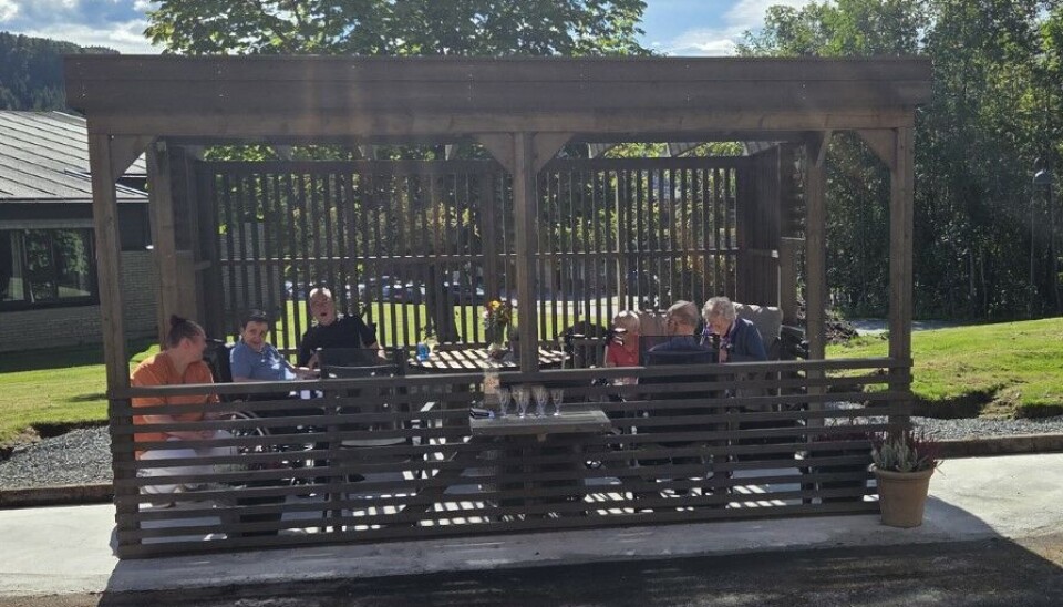 Ny pergola Mennesker som sitter i et bygg av stolper og spiler