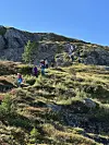 Mennesker i turklær går nedover en bratt sti i fjellet. Helt blå himmel. Mye bergknauser tre små trær.