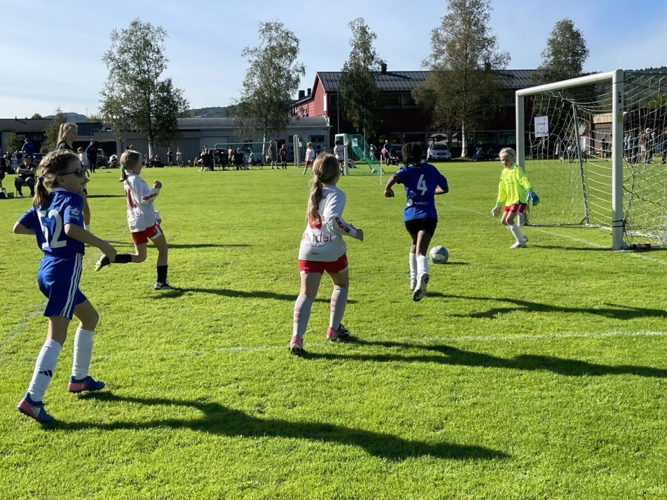 Rindalscup i strålende vær Surnadal i blå går mot mål, og Rindal i hvit springer etter for å stoppe de.
