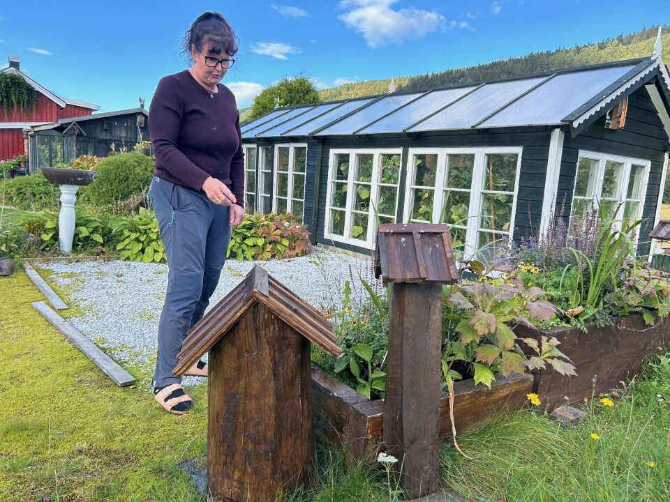 Elin har alltid nye kreative prosjekter på gang. I vinter gleder hun seg til å lage vinduer, dører og trapper på disse stubbhusene. Dame som peker på to malte stubber med tak.