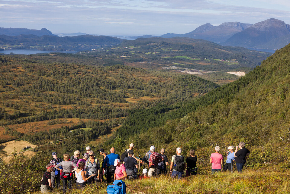 Pust i bakken etter bratt sti fra Hennasetra. Ei gruppe med flere turkledde personer som sitter samen i en bakke i marka, utsikt over skog og fjell. Sommer og lettskyet himmel.