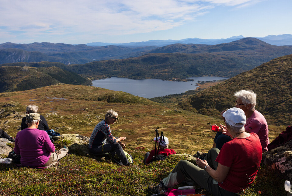 Ser ned mot Englivatnet. Fem turkledde personer som sitter samen på fjellet, med utsikt over fjellheimen, og et vatn. Sommer og lettskyet himmel.