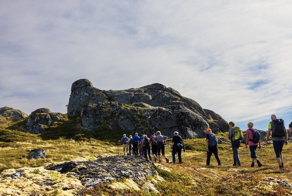 Nærmar oss toppen. Ei gruppe med flere turkledde personer som går på rekke og rad på fjellet. Sommer og lettskyet himmel.