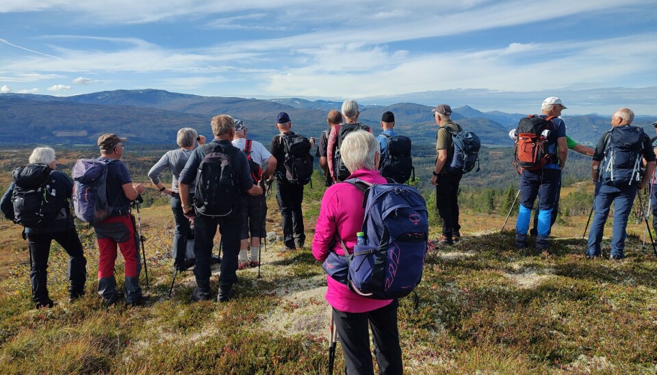 Fin utsikt mot Trollheimen og Honnstadknyken . Ei gruppe med friluftskledde folk på fjellet. Høst, sol og blå himmel.