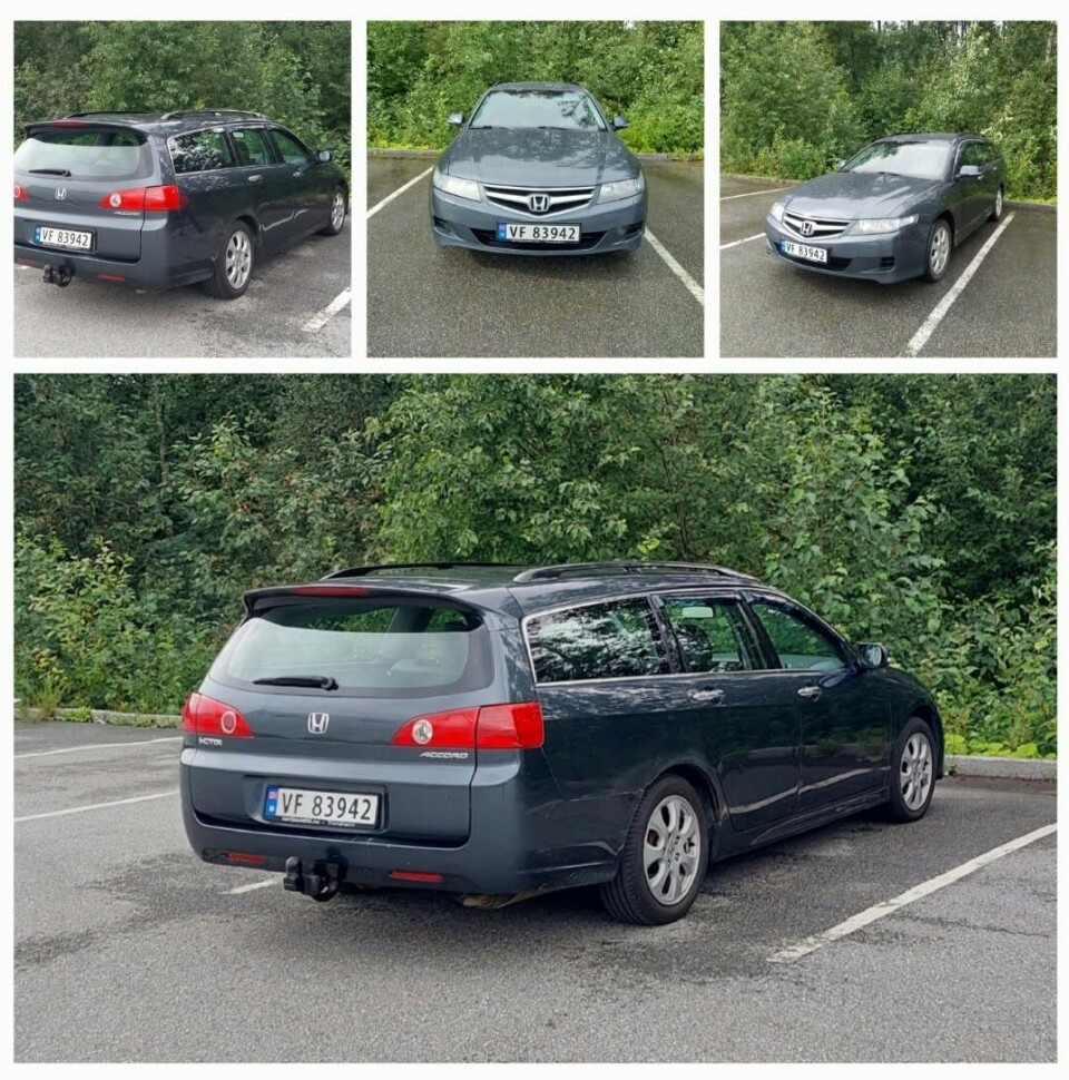 2007 Honda Accord Tourer selges rimelig Fire bilder av en bil, en mørk stasjonsvogn. Sammensatt til ett bilde.