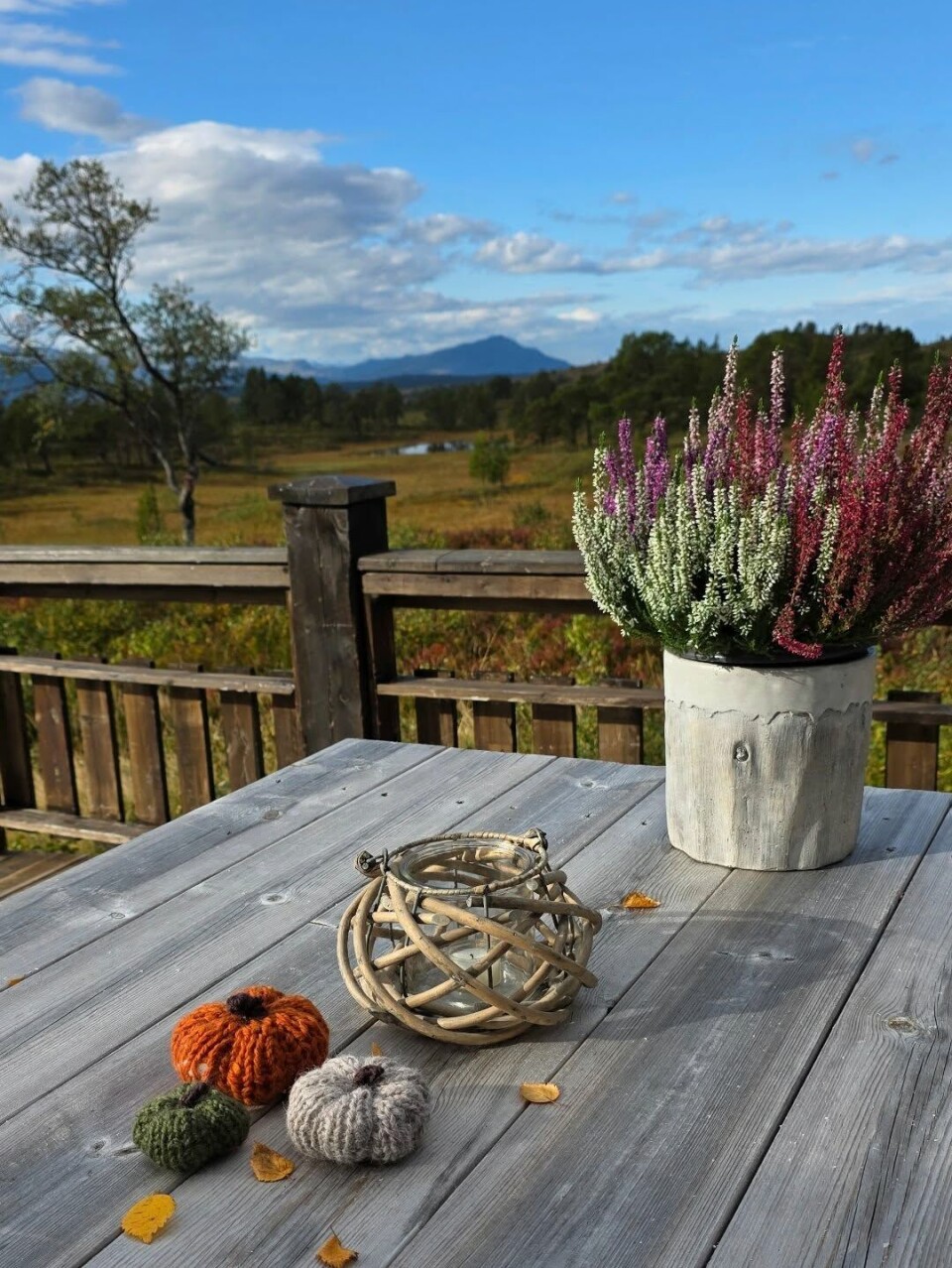 Fjellstøggu🧡 Et trebord på en veranda i marka, med høstlyng, en telysstake og pynt i høstfarger. Høst og blå himmel.