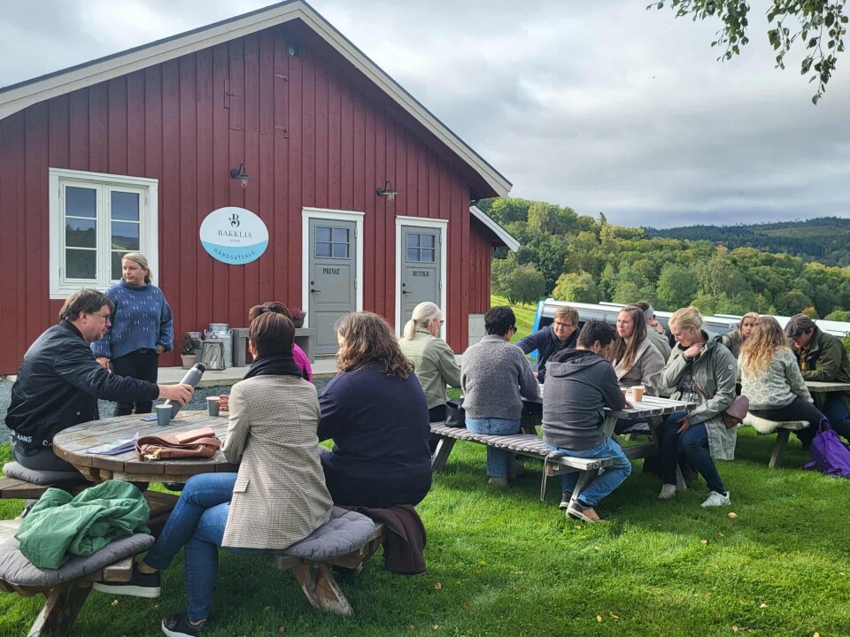 Servering på Bakklia gård. Mange personer som sitter ved rasteplassbord foran et rødmalt hus.