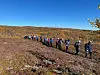 Ei gruppe med flere turgåere som går på rekke på fjellet. Høstfarger, sol og skyfri himmel.