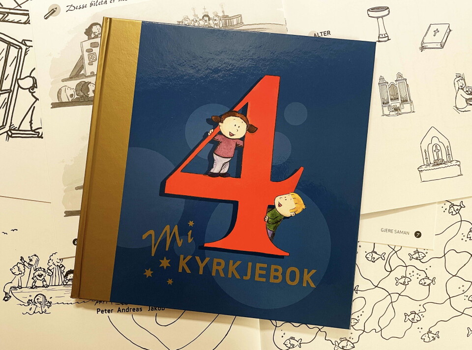 4-åringane får «Mi kyrkjebok» - med songar og forteljingar. Under ser vi litt frå aktivitetsboka som følgjer med. Ei bok med tittel '4 Mi kyrkjebok'
