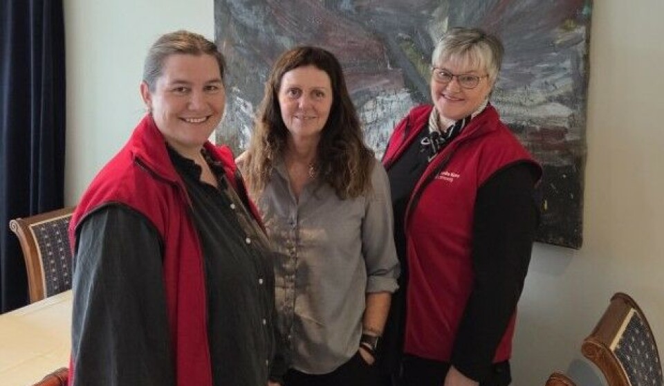 Margit Stenberg, Martha Torvik og Elin B. Kvande inviterer til julefeiring på Hammerstuene. Tre smilende damer som er oppstilt for fotografering. To av dem har Røde Kors-vest på seg.