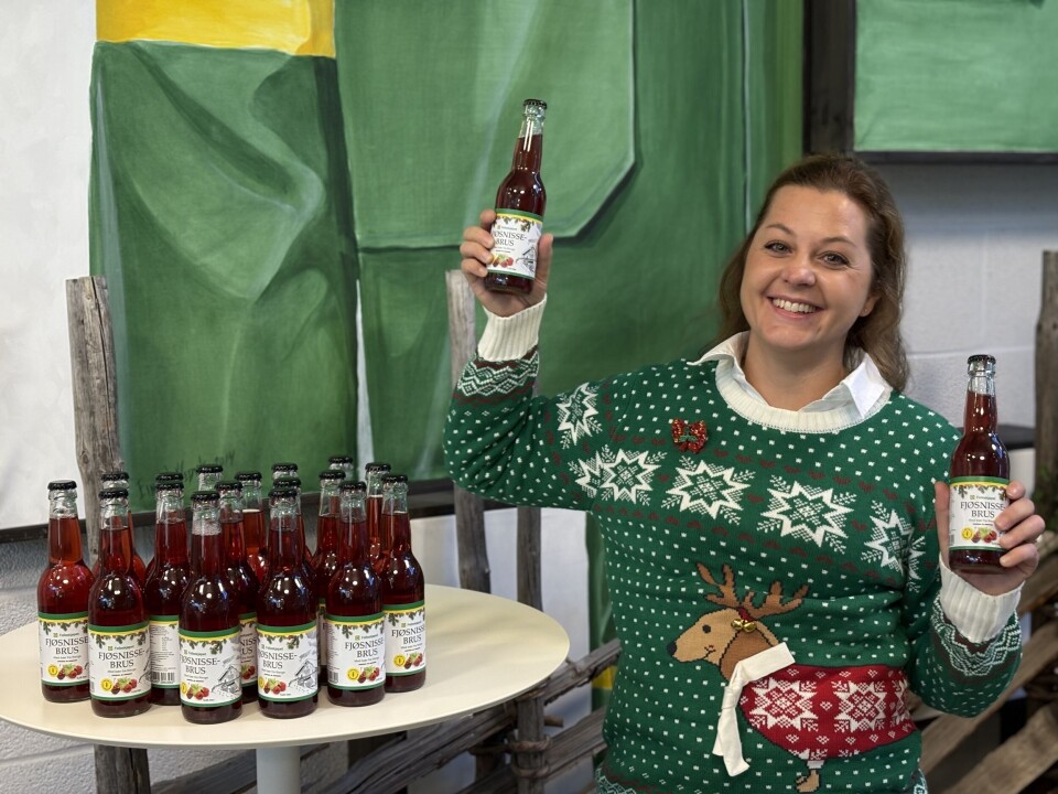 Maren Dahl i Felleskjøpet har grunn til å smile: det blir Fjøsnissebrus til jul i år også. Flaskene på bildet er de siste som er igjen fra fjorårets produksjon. Ei smilende dame i grønn julegenser, som holder opp et par flasker med Felleskjøpets Fjøsnissebrus. Det står flere flasker på et lite rundt bord foran henne.