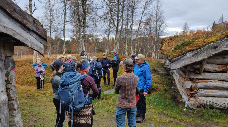 Fra Gammelseterøyan. Ei stor gruppe med turgåere mellom to gamle tømmerløer i marka.
