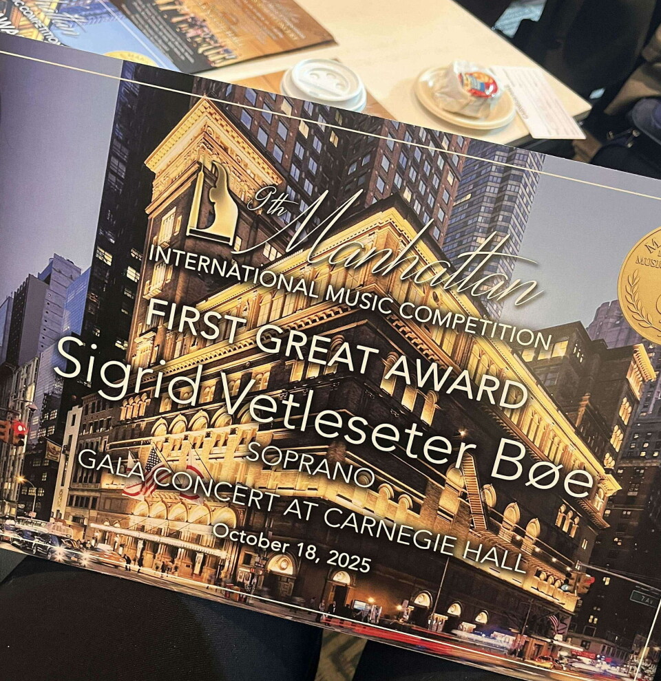Klar for Carnegie hall Bilde av et program for konsert i Carnegie hall, der Sigrid Vetleseter Bøe er nevnt som den største stjerna.