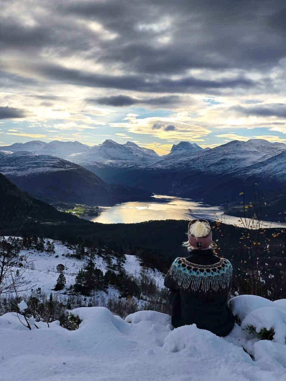 Strengen 890 Moh. Ei dame med lyst hår som sitter med ryggen til og ser på utsikt over fjord og fjell. Det er snø på alle fjelltoppene.