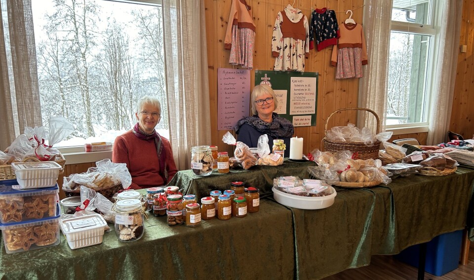 Marie og Mary-Ann ved salgsbordet. To damer, begge med grått hår og briller, som sitter bak et langt bord med salgsvarer på ei julemesse.