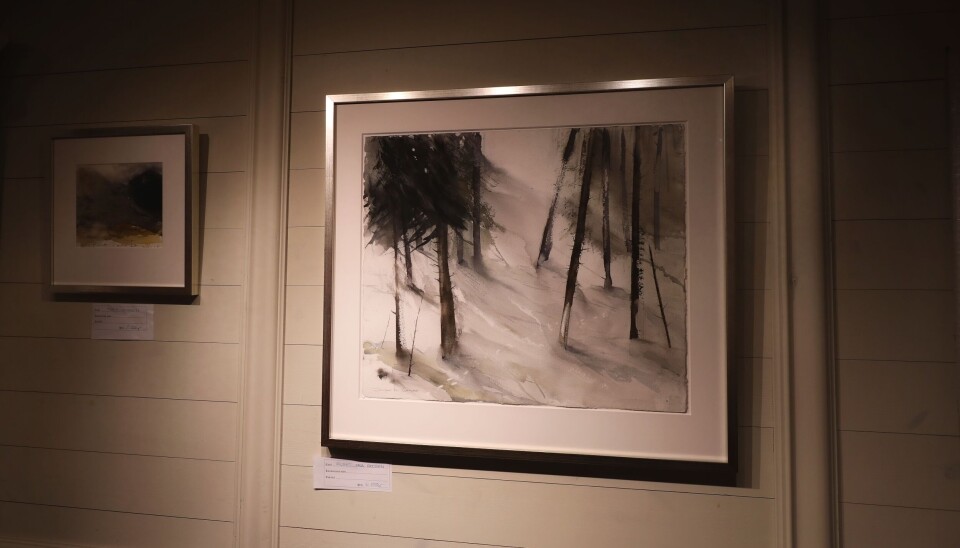 Ta deg en tur på kafeen 3 venner for å se utstillinga. Utstillinga finne du i kjelleren fra 11-16 fra onsdag til lørdag denne uka. Dette bildet med spor i snøen, 'suset i skogen' er journalistens personlige favoritt. svart-hvitt vinterbilde av vinterlig skogbunn med dyrespor med sølvramme på lys vegg