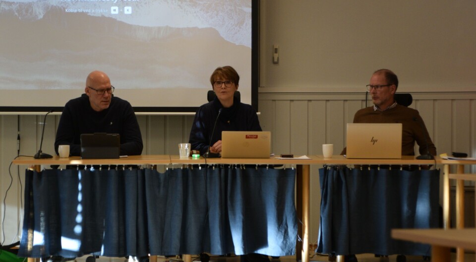 Varaordføreer Kjetil Løften, ordfører Mildrid Kattem Aune og kommunedirektør Mons Otnes. To menn og ei dame som sitter ved et bord foran en forsamling i et møte.