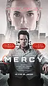 Filmplakat for «Mercy» med mann i stol foran stort ansikt og futuristisk bybakgrunn.