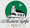 Jubileumslogo for Åsskard kyrkje med kvit kyrkje mot grøn sirkel og teksten 150 år 1876–2026.