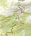 Topografisk kart med merkede ruter og kontrollpunkter i fjellområde ved Strengen
