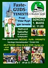 Grønn plakat som annonserer fastegudstjeneste i Åsskard kyrkje med bilder og tekst.