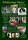 Grønn plakat som annonserer påskesong-messe i Åsskard kirke med bilder og tekst.