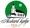 Logo med Åsskard kyrkje i svart-hvitt foran grønn sirkel og teksten 150 år 1876–2026.