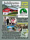 Plakat som reklamerer for jubileumsbasar med tekst, logo, bilder og praktisk informasjon.