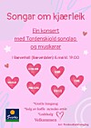 Rosa plakat som reklamerer for konserten «Songar om kjærleik» med hjarte og artistnamn.
