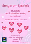 Rosa plakat som reklamerer for konserten «Songar om kjærleik» med hjarte og artistnamn.