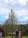Et tre i forgrunnen med små røde bygninger, fjell med snø og delvis skyet himmel.