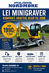 Reklameplakat for Polaris Nordmøre med gul minigraver, pris og tekst om kompakt minigraver.
