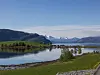 Landskap med stille vann, grønn strandlinje og snødekte fjell i bakgrunnen.