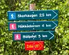 Turistskilt med avstander til Skarhaugen, Hakkåsteinen og Blåfjellet i grønn vegetasjon.