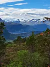 Snødekte fjelltopper over en skogkledd dal med grønn forgrunn og delvis skyet himmel.