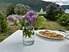 Glassvase med lilla blomster ved en tallerken mat på et bord med fjell- og fjordutsikt i bakgrunnen.